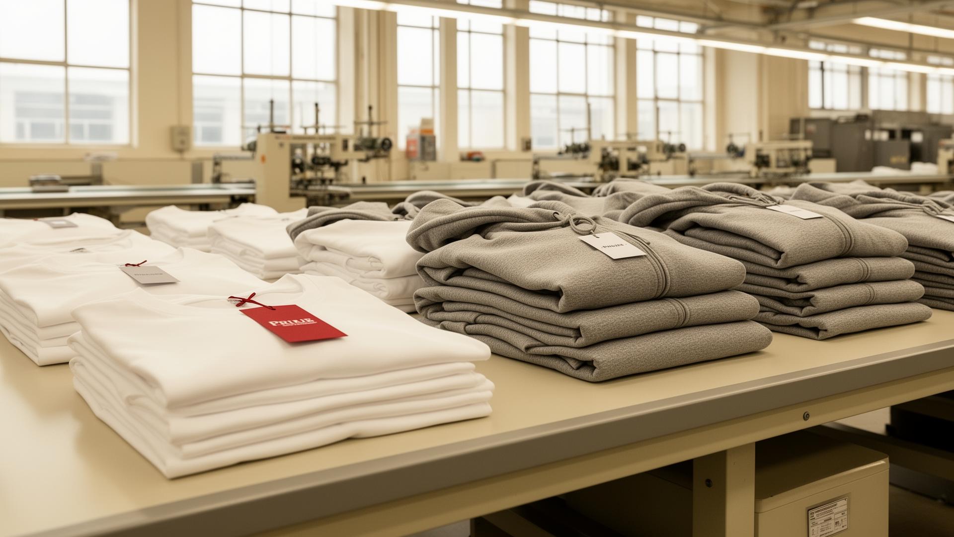 Finished garments on inspection table